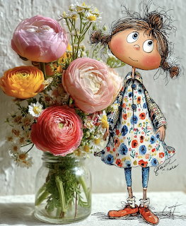 Whimsical illustration of a doll character next to a vase of pink and peach ranunculus flowers