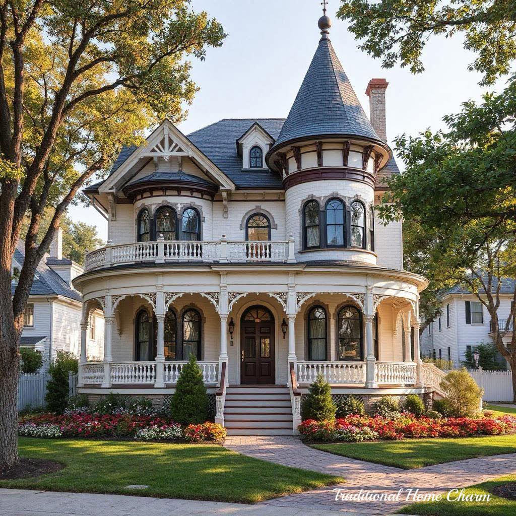 Victorian mansion with turret, wraparound porch, ornate details, and lawn in autumn setting