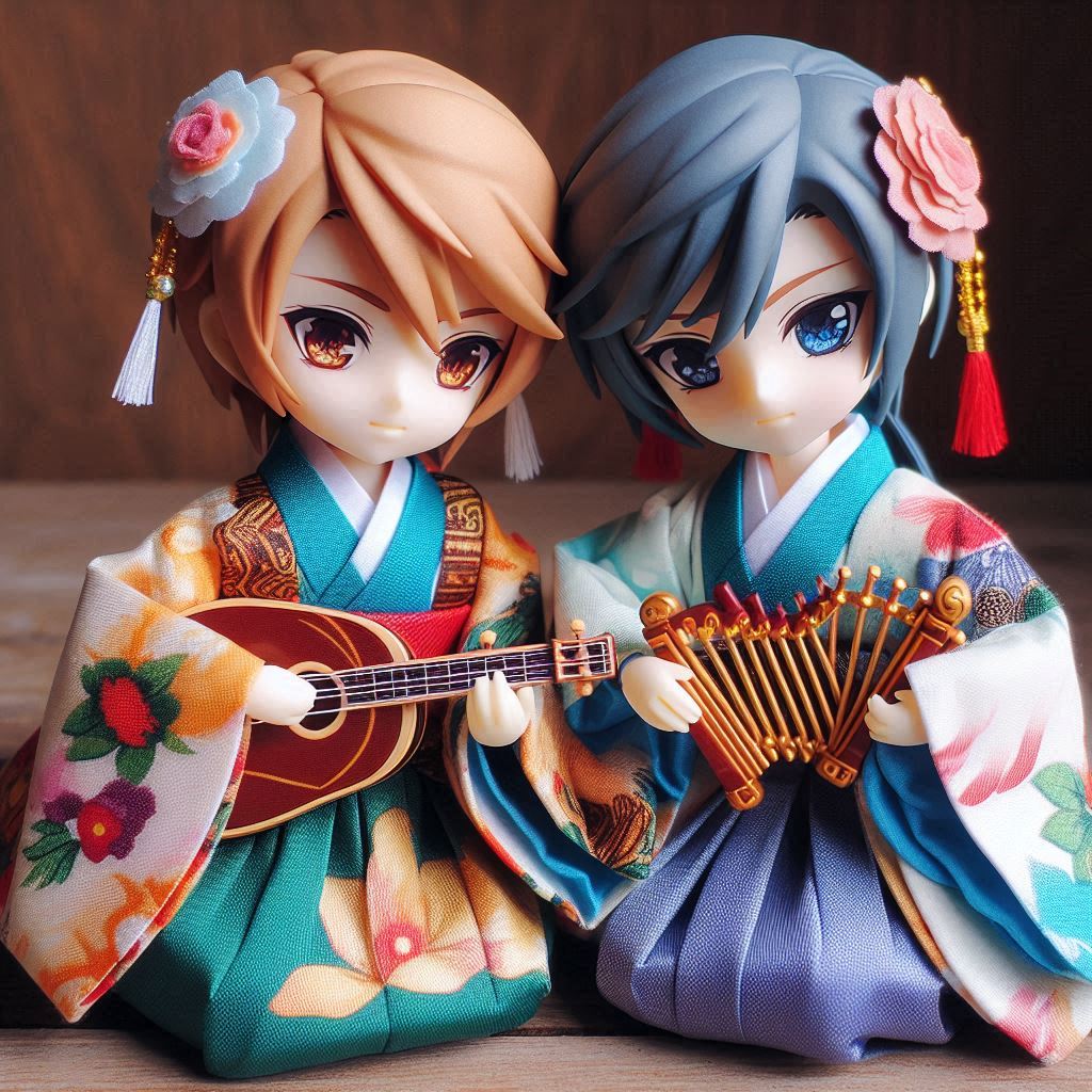 Two anime dolls in floral kimonos holding string instruments, one with orange hair and one with blue hair