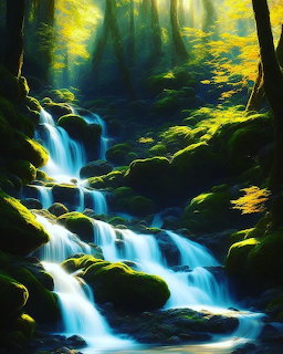 Cascading waterfall flowing over mossy rocks in a sunlit green forest