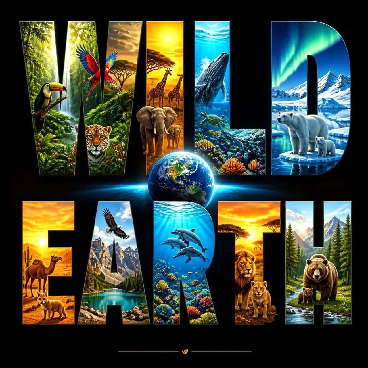 WILD EARTH text filled with nature scenes: jungle animals, ocean life, mountains, aurora, and wildlife photography