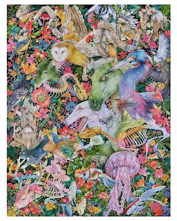 Colorful collage of animals, flowers, and decorative patterns in whimsical overlapping arrangement
