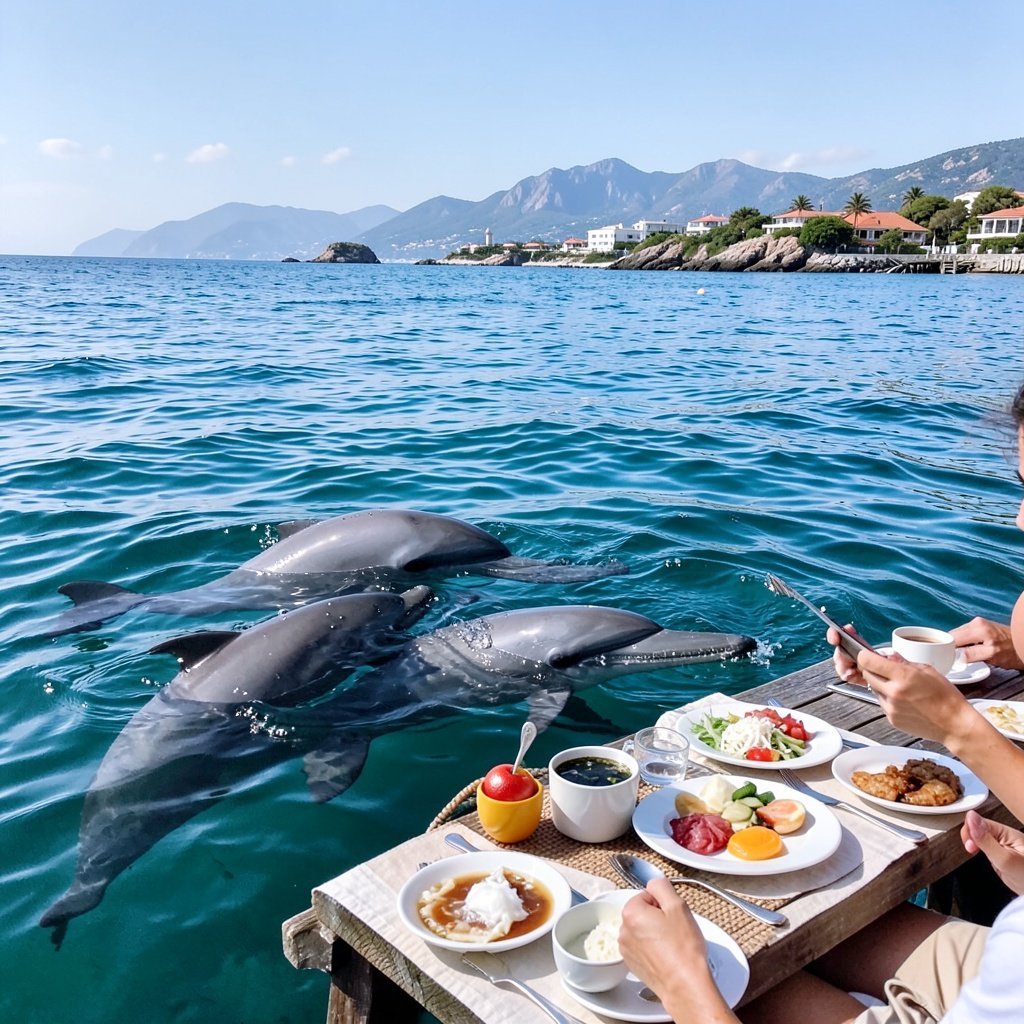 Two dolphins swimming next to a breakfast tray floating on turquoise sea water with mountains in distance