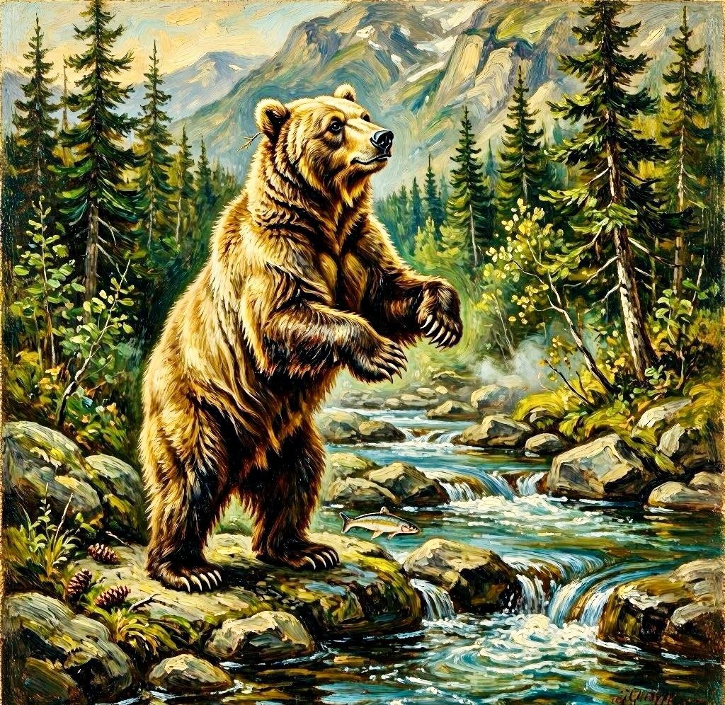 Painting of a grizzly bear standing by a forest stream with mountains in the background