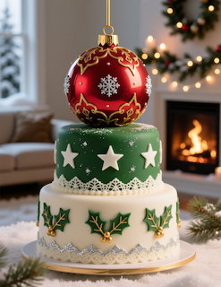Three-tier Christmas cake with green and white layers, holly decorations, and red ornament topper