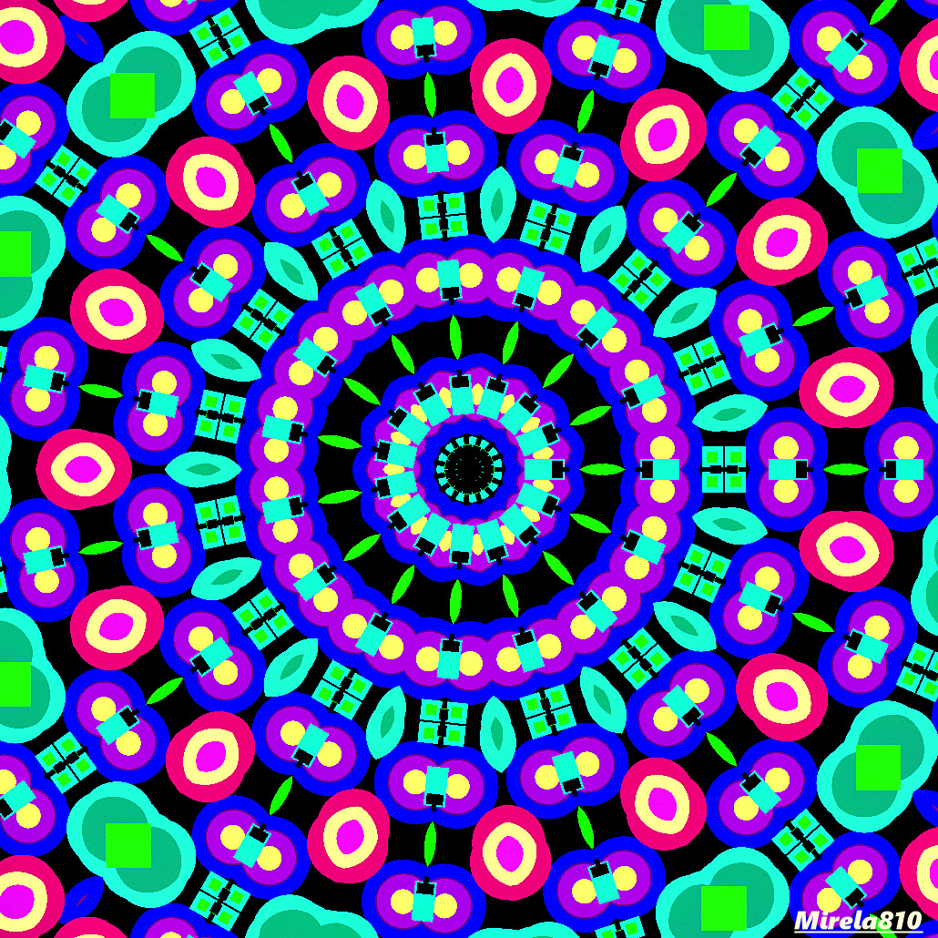 Bright kaleidoscopic mandala with neon geometric patterns in pink, green, yellow and blue on purple