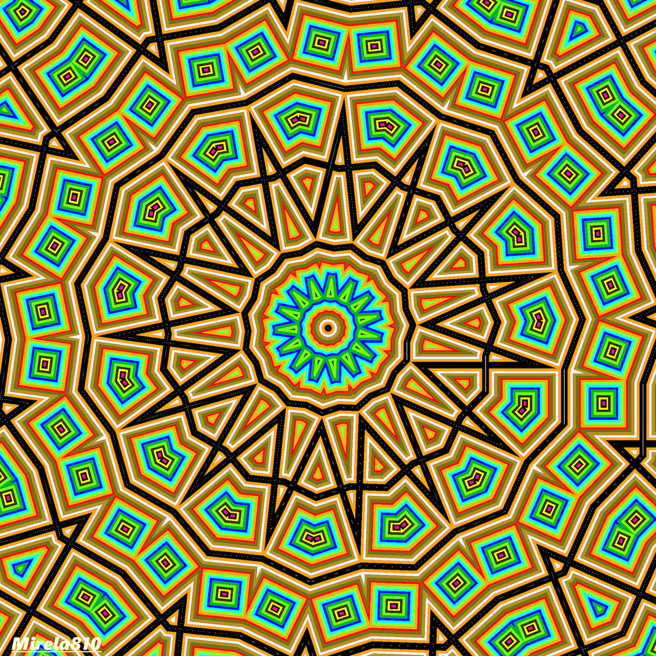 Colorful geometric mandala with turquoise, gold and orange symmetrical patterns radiating from center