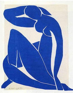 Matisse Blue Nude 1952 paper cutout showing abstract blue figure seated on beige background