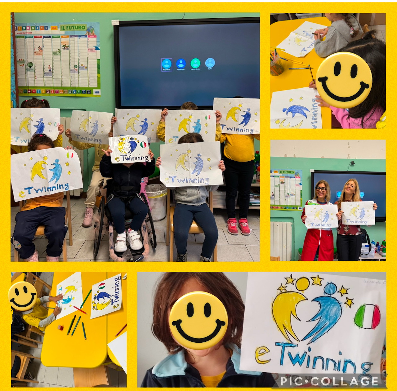 Colorful classroom photo collage of children holding handmade drawings and smiley face artwork
