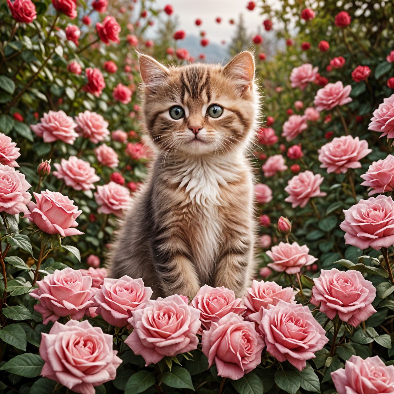 Brown tabby kitten sitting in a garden surrounded by pink roses