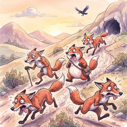 Five cartoon red foxes running on a winding rocky mountain trail with an eagle overhead.