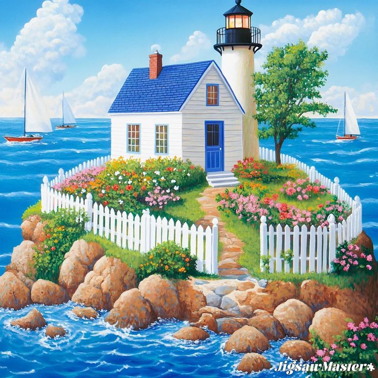 Painting of a cottage and lighthouse on a rocky island with flowers, white fence, and sailboats