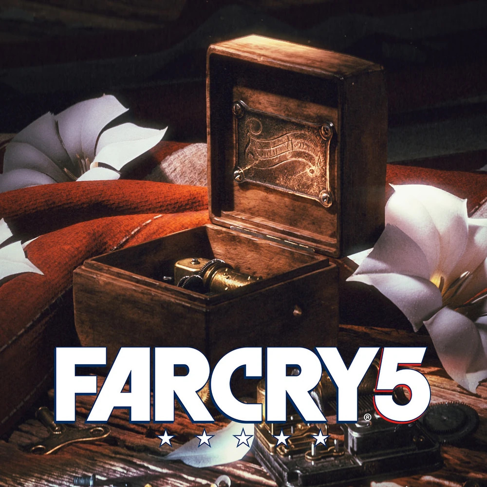 Open wooden music box on a rustic table with white flowers and Far Cry 5 text