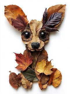 Chihuahua dog made from autumn leaves with large ears and button eyes on white background
