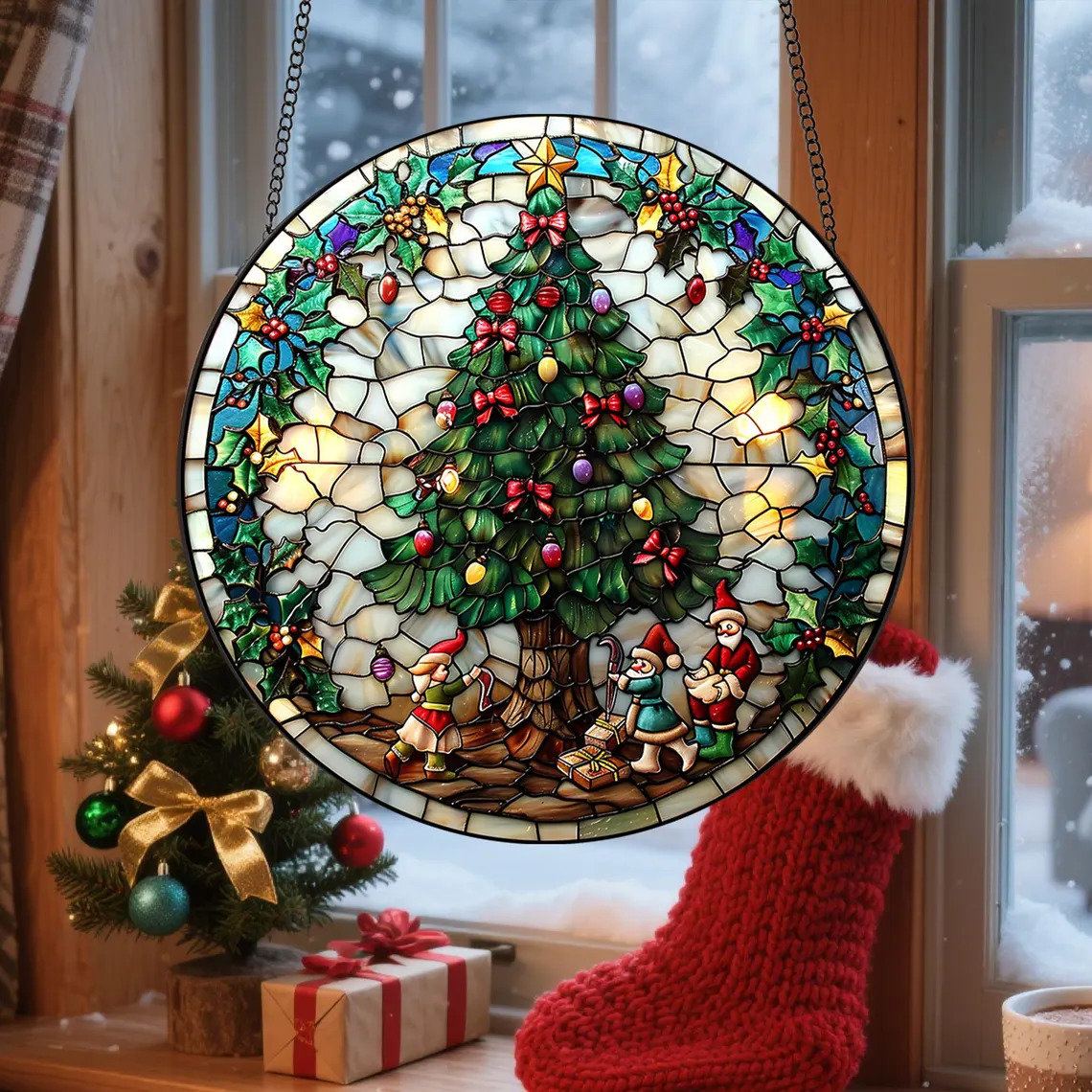 Circular stained glass Christmas tree suncatcher hanging in window with holiday decorations