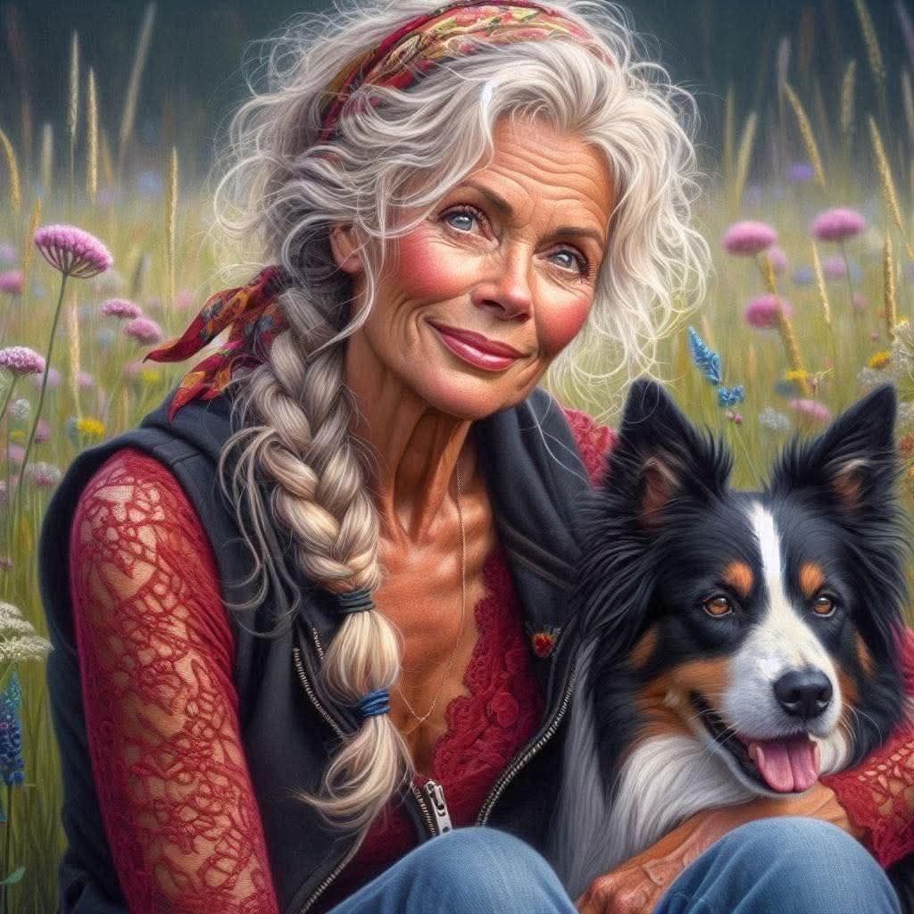 Elderly woman with long white braids smiling beside a Border Collie dog in a flower field