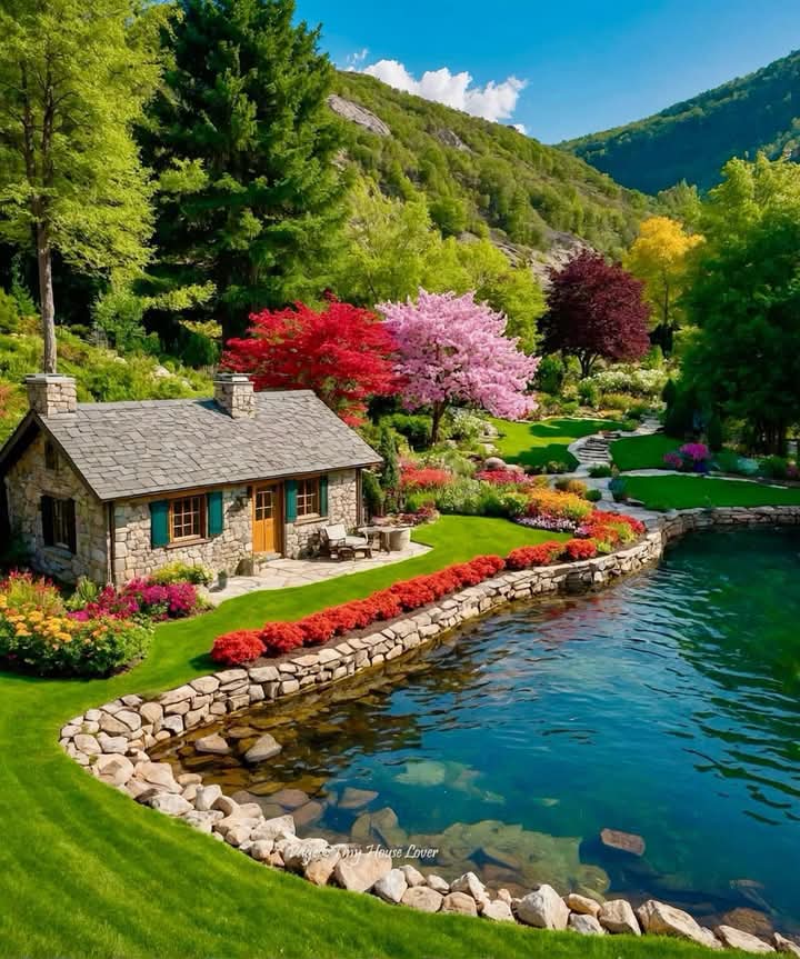 Stone cottage with red and pink flowers by lake shore under blue sky with mountains