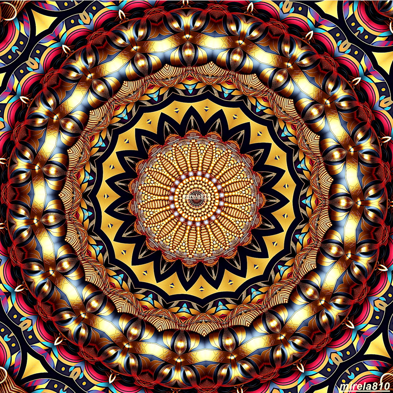 Detailed circular mandala with layered geometric patterns in gold, brown, blue, and pink