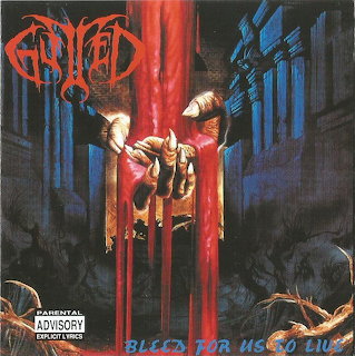 Dark horror album cover with a hanging figure, red drips, and blue gothic architectural forms