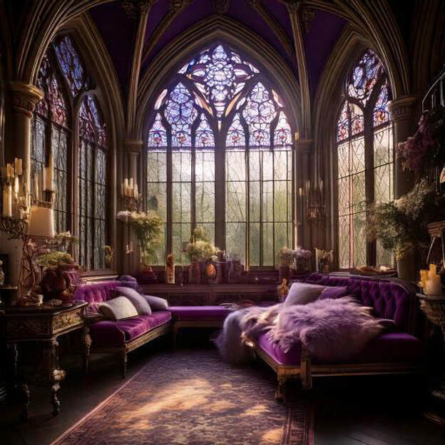 Gothic room with tall arched windows, purple sofas, candles, and warm sunlight
