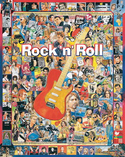 Colorful collage of rock music icons, album art, and a central red electric guitar against a busy background of musicians