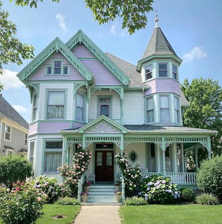 Pastel green Victorian house with turret and wraparound porch surrounded by gardens