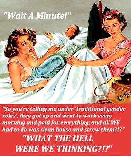 Vintage illustration of two women folding laundry with feminist meme text overlay