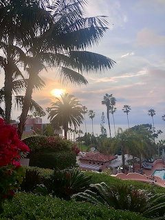 Sunset over La Jolla California coast with palm trees and ocean view