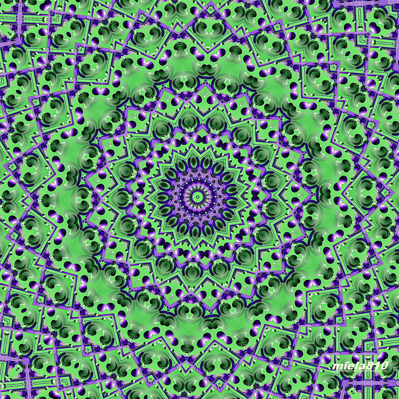 Detailed green and purple mandala with intricate symmetrical abstract pattern