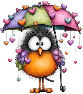 Cartoon bird with big eyes holding umbrella decorated with hearts in watercolor style