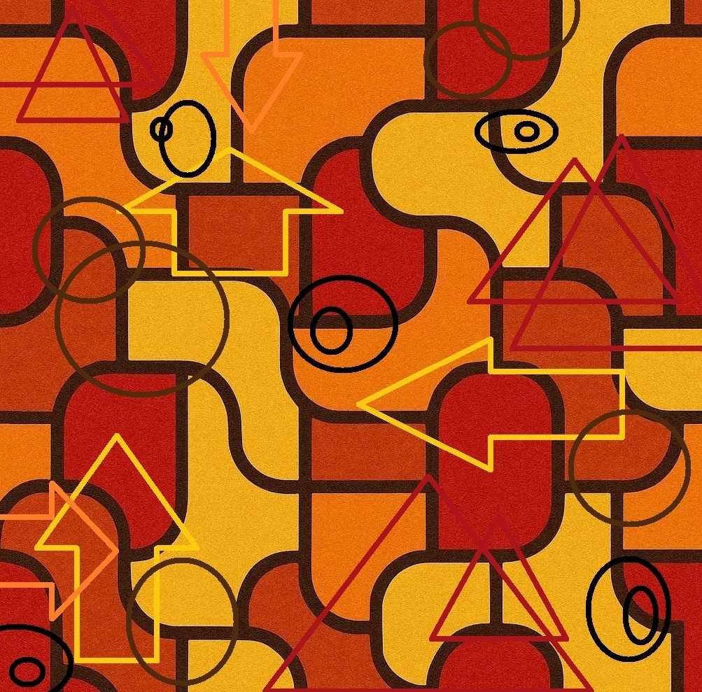 Abstract geometric pattern with red and orange blocks, black curved lines, and yellow outlined arrows