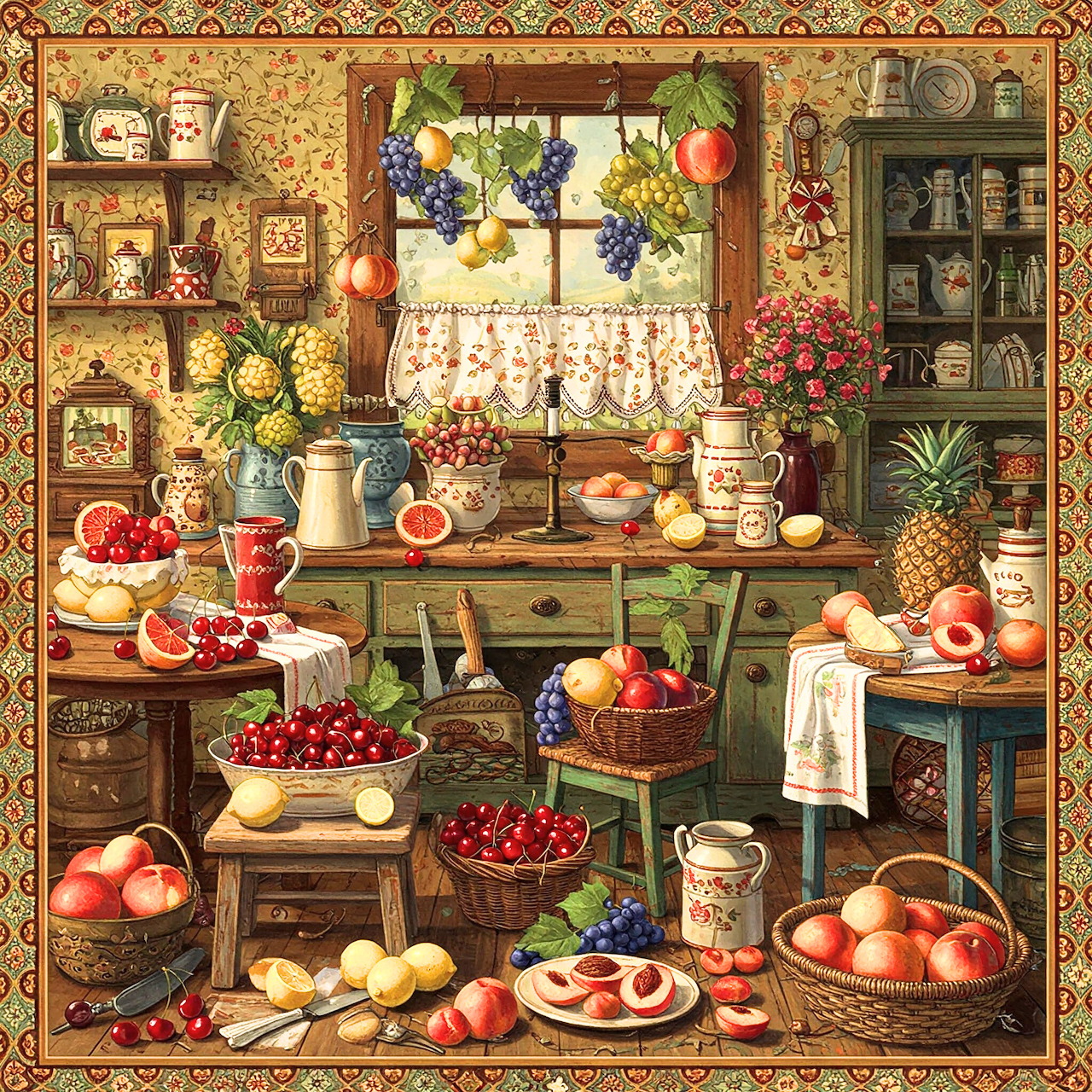 Vintage kitchen interior with fruits, flowers, pottery and wooden furniture in warm tones