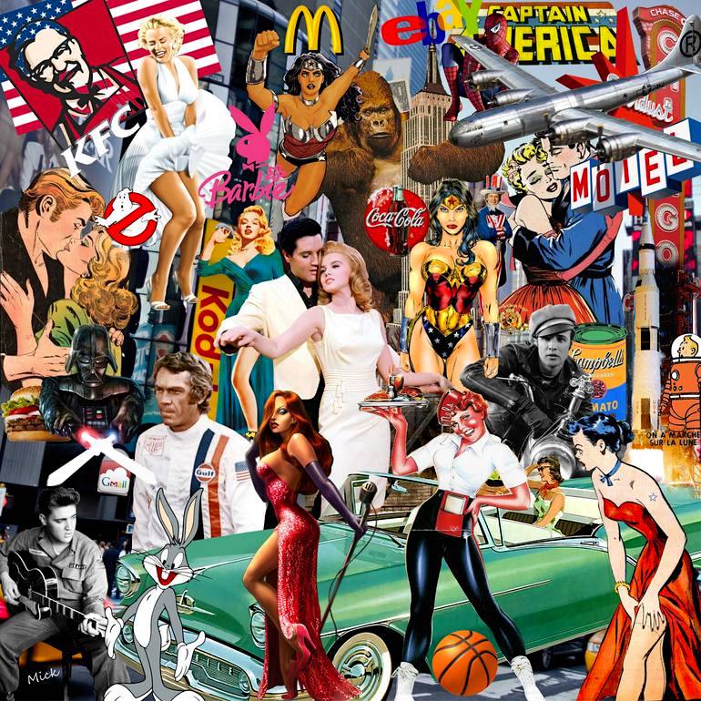 Colorful collage of American pop culture icons, brands, celebrities, cars, and entertainment references densely layered together