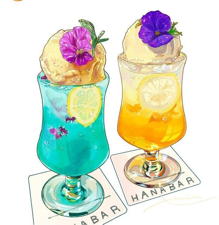 Illustration of two colorful dessert drinks with lemon slices, ice cream scoops, and purple flowers