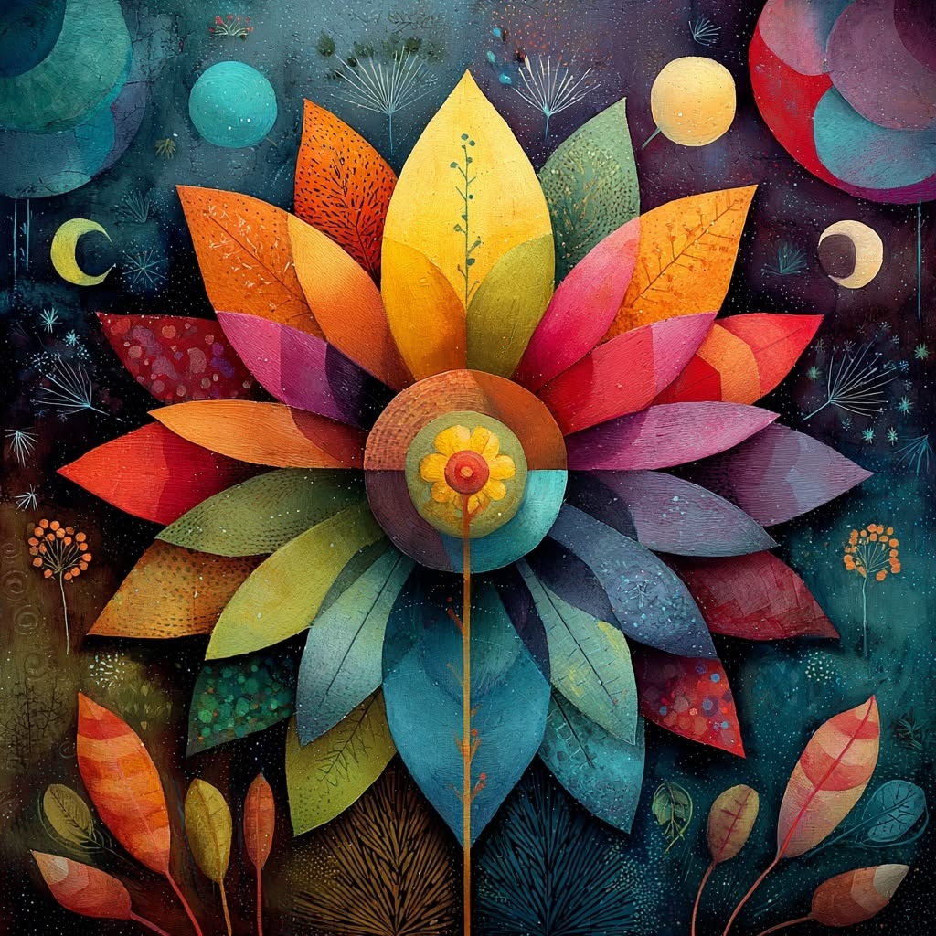 Colorful mandala flower with rainbow gradient petals and celestial elements on dark textured background