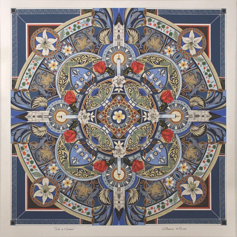 Symmetrical mandala with intricate floral and geometric patterns in blue, gold, and red colors