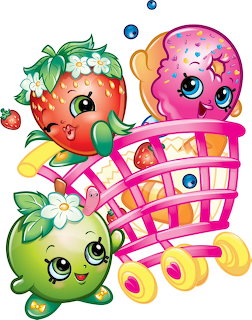 Colorful Shopkins characters with strawberry, ice cream, and apple around a pink shopping cart