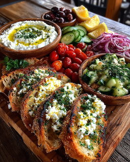 Wooden board with feta crostini, cherry tomatoes, cucumbers, olives, red onion, and Mediterranean dips