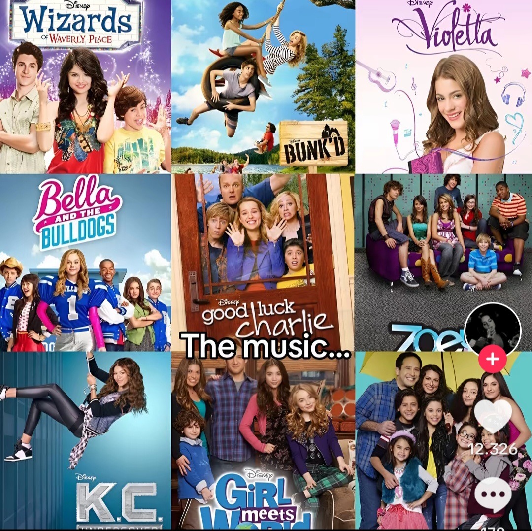 Grid collage of Disney Channel TV show posters including Wizards, Violetta, Bella and the Bulldogs, and others