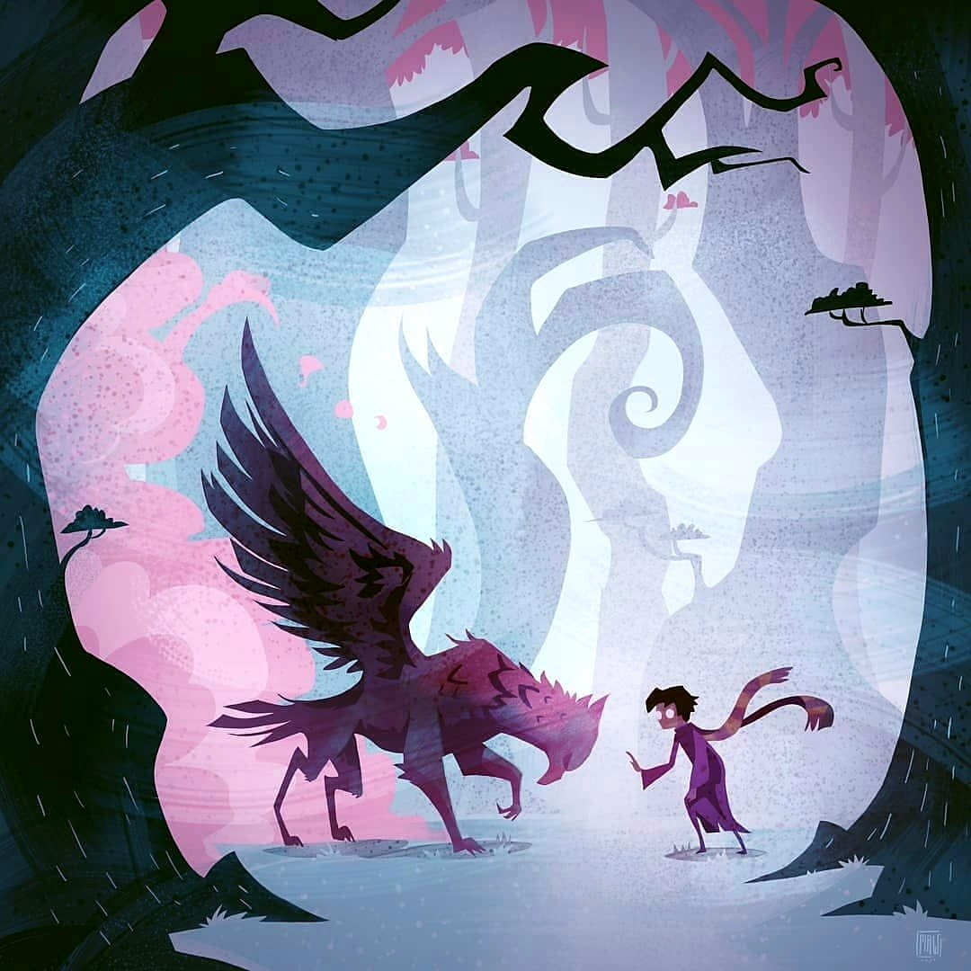 Fantasy illustration of a hippogriff and a cloaked figure in a dark forest clearing