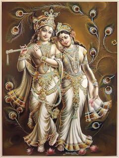 Traditional painting of Krishna playing flute with Radha, both wearing ornate jewelry and white garments