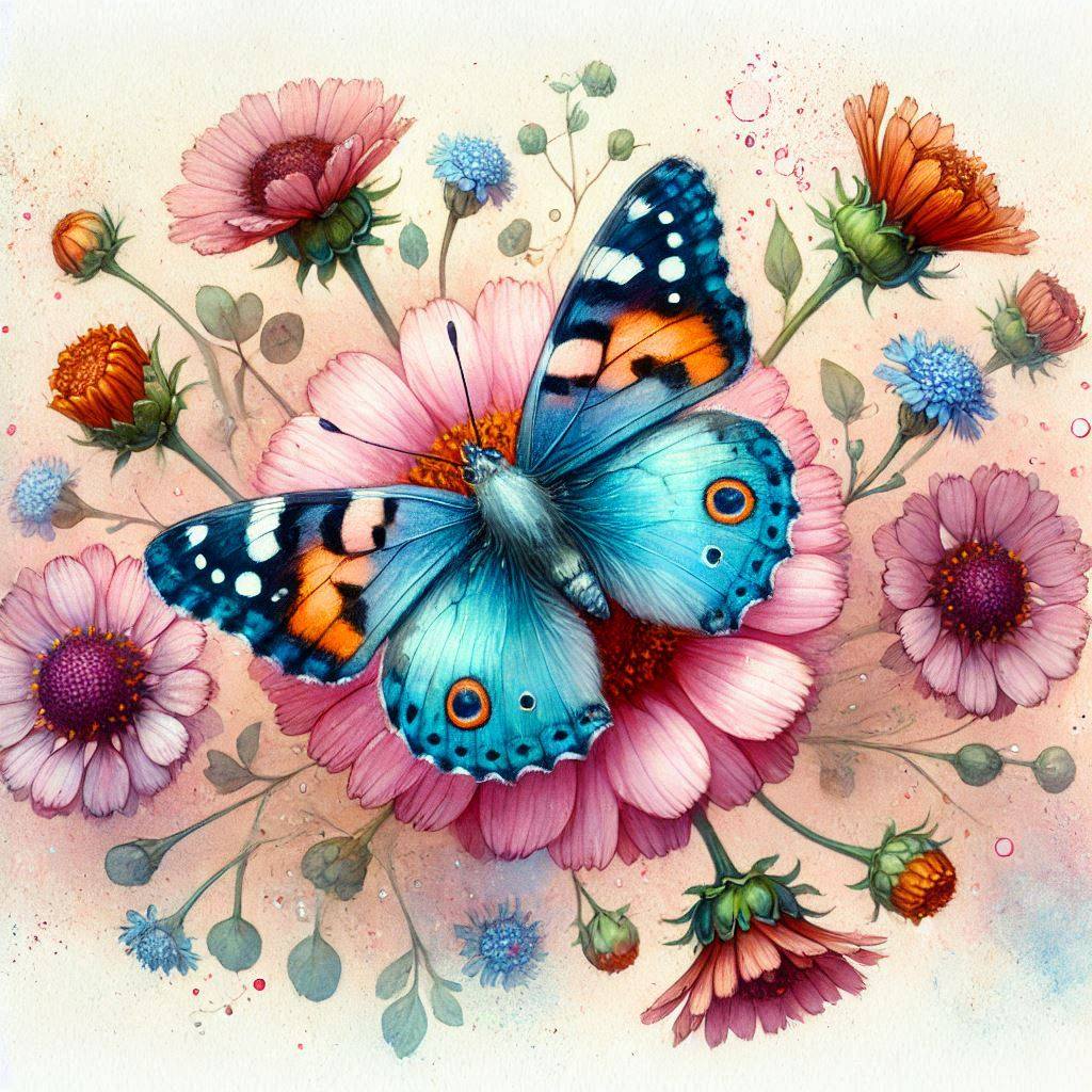 Blue butterfly with orange markings surrounded by pink, orange, and blue wildflowers on cream background