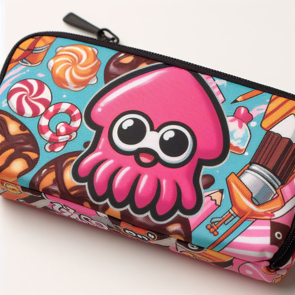 Colorful pencil case with cute pink cartoon octopus and candy pattern on blue background