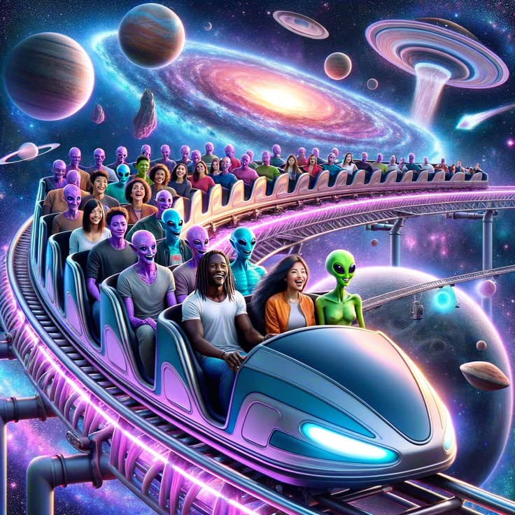 Futuristic roller coaster with people and green aliens in a colorful outer space scene
