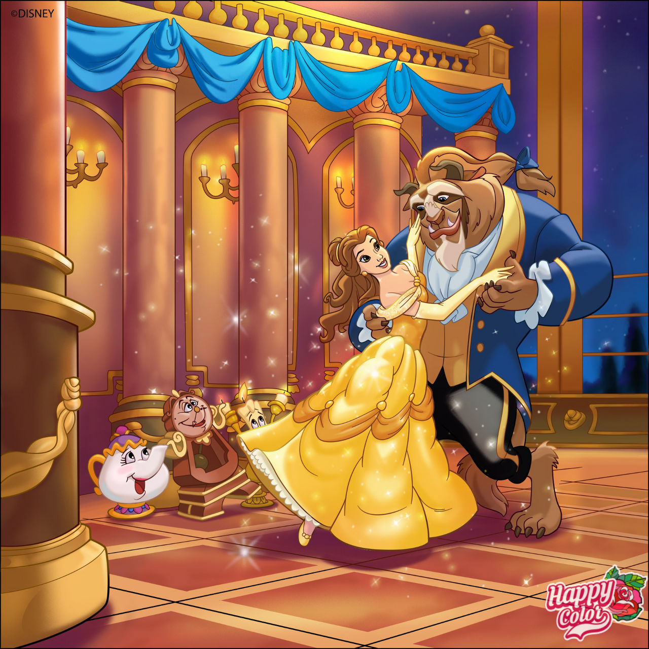 Belle dancing with the Beast in a grand ballroom with Mrs. Potts, Chip, and Cogsworth