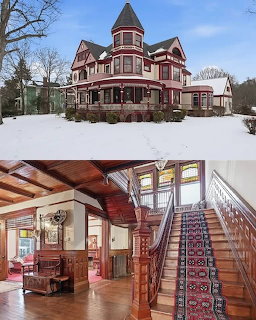 Victorian house exterior in snow and interior with wooden staircase and decorative carpet