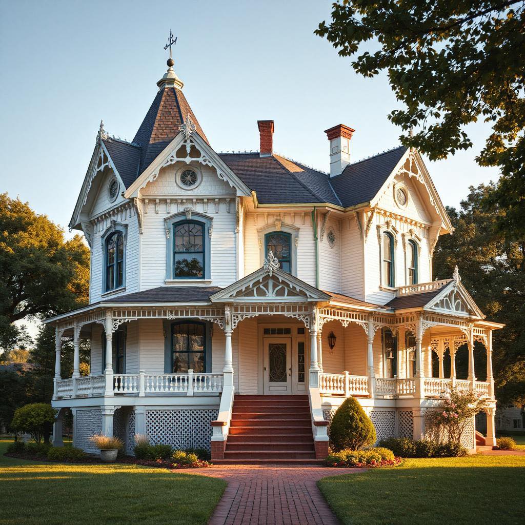 White Victorian house with blue roof, ornate details, front porch and turret at sunset