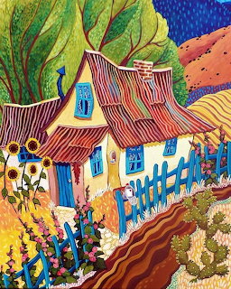 Colorful naive painting of a cottage with a blue fence, flowers, and hills