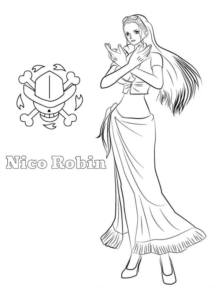 Line art of Nico Robin character in dress with flower emblem