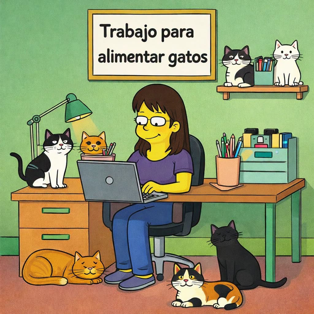 Cartoon woman at desk with laptop surrounded by multiple cats in home office